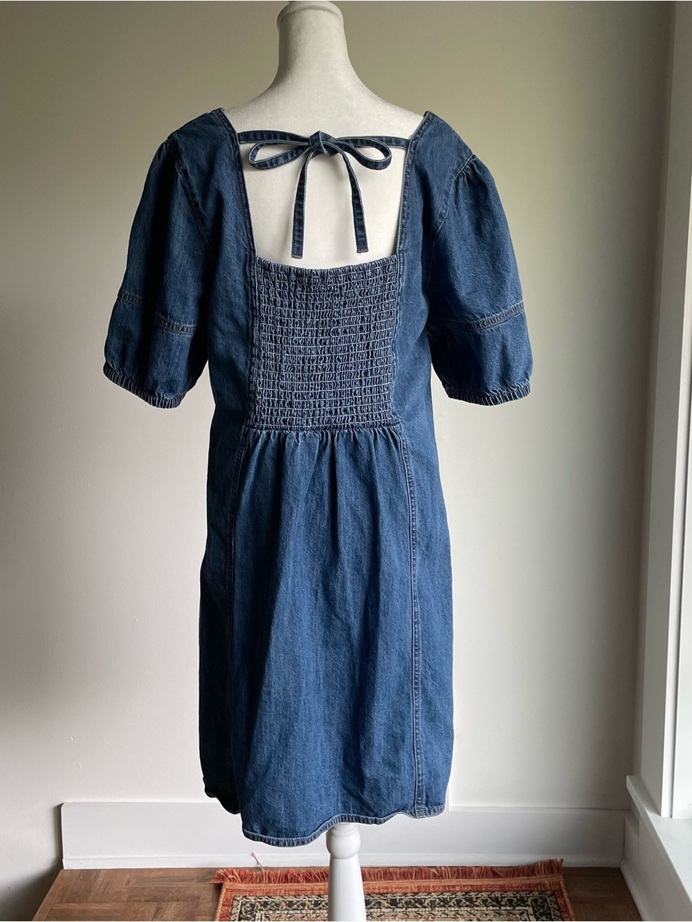 Ophelia Rowe Denim Puff Sleeve Dress w/ Smocked Tie Back – Like New, Size Large - Picture 2 of 13